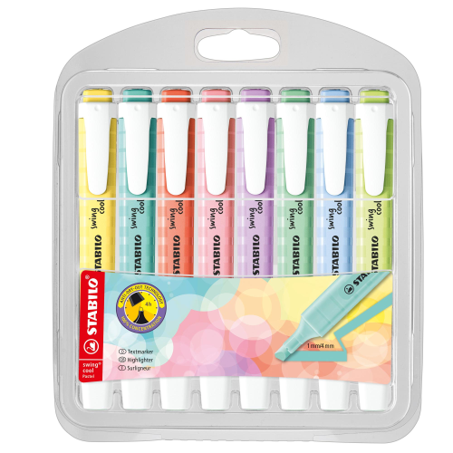 STABILO SWING COOL PASTEL EVIDENZIATORE PUNTA A SCALPELLO 1/4 mm COLORI ASSORTITI CONF 8 Pz.